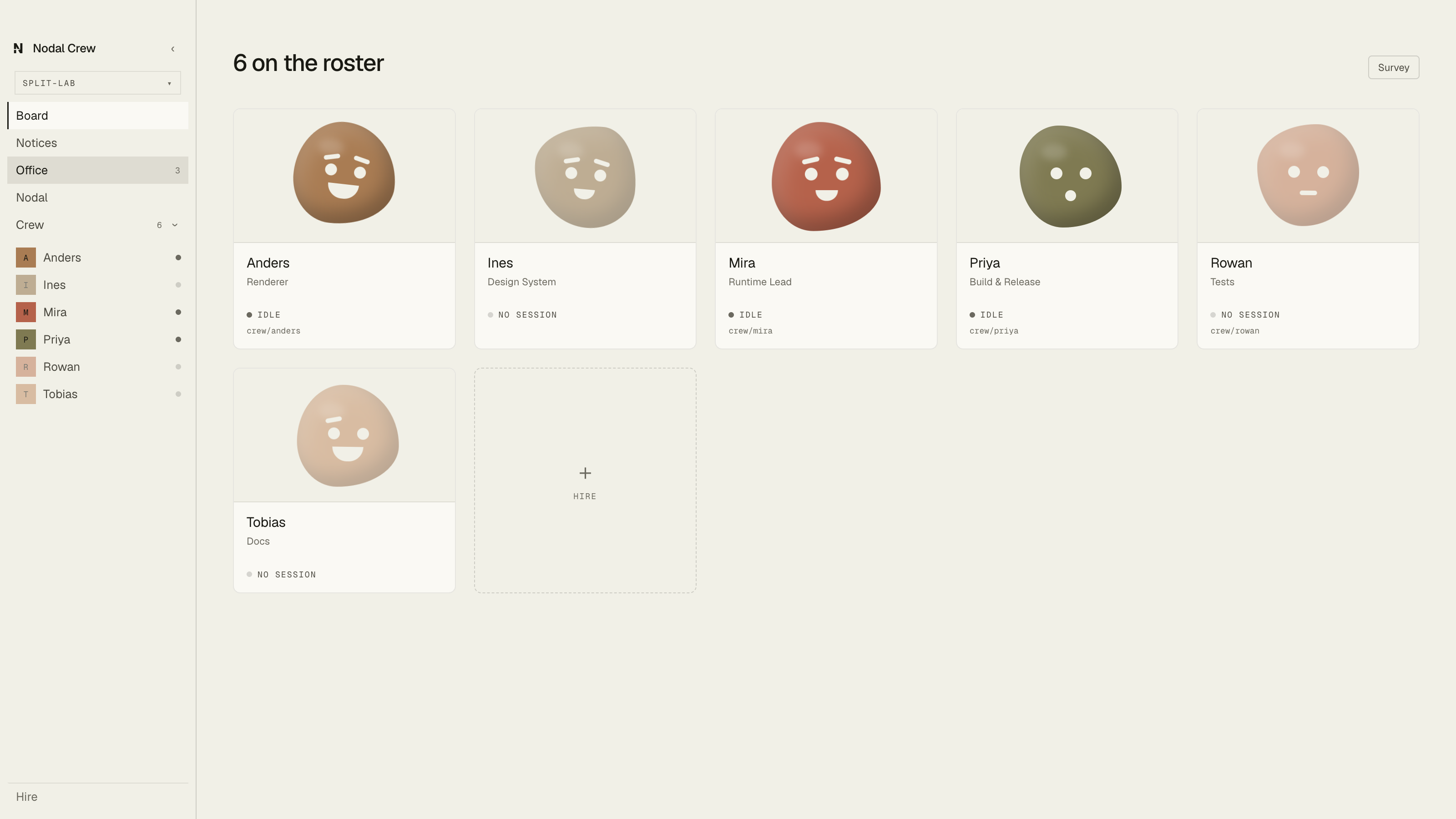 The Nodal Crew board, six on the roster