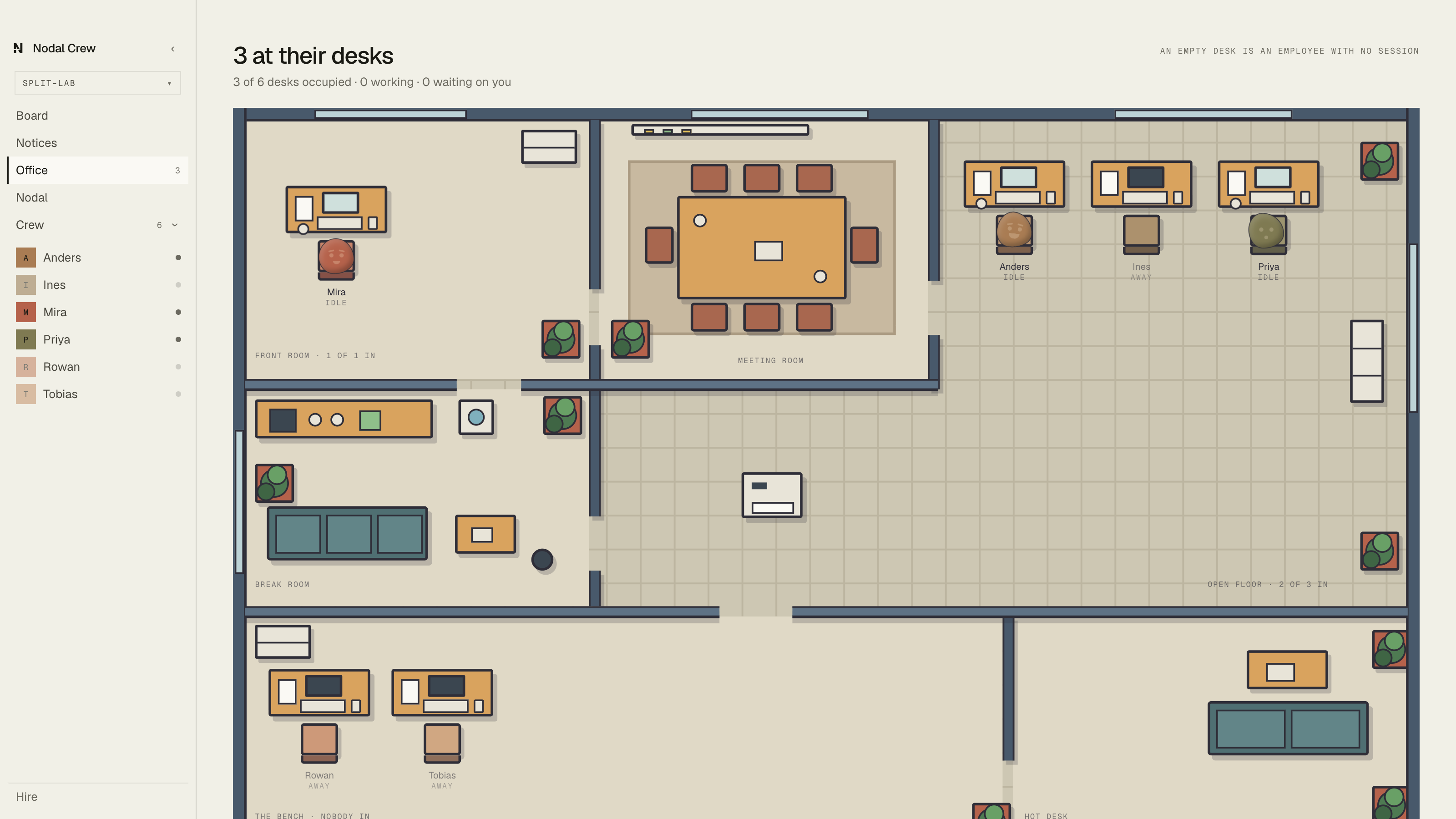 The same crew as an office floor plan